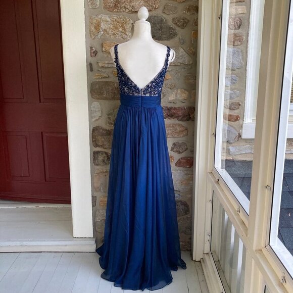 La Femme Cobalt Blue Beaded Lace Chiffon Gown Womens 8 - Picture 8 of 12